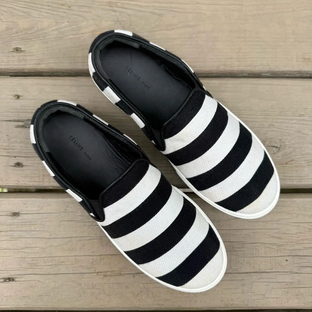 Celine Black and White Striped Canvas Slip On Sneakers size 39 - Picture 3 of 16